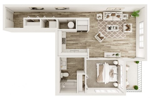 A top-down view of a modern kitchen and living room with white furniture and a wooden accent wall.